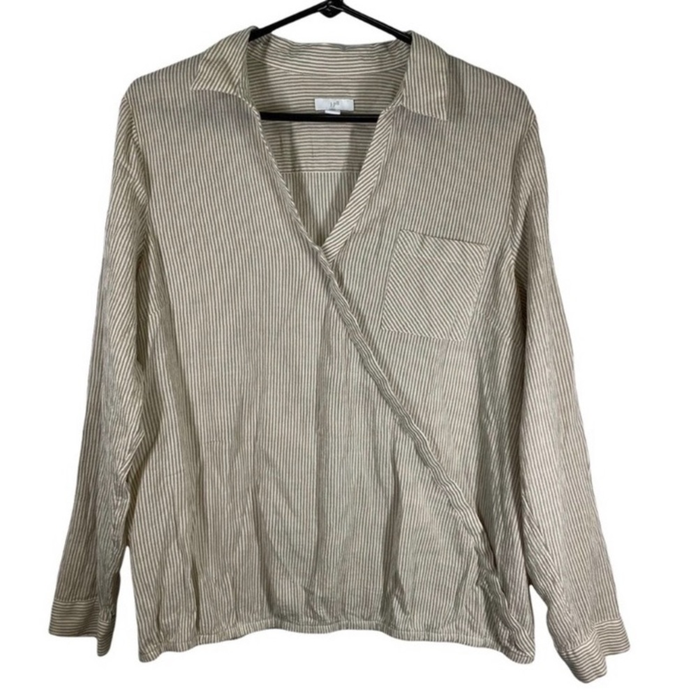 J Jill Tan White Striped Surplice Long Sleeve Collared Shirt